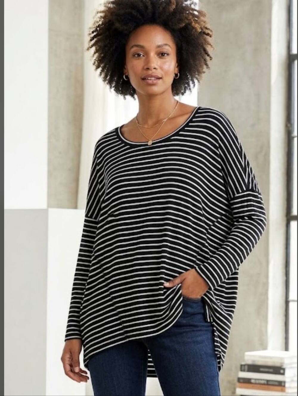 CAbi Black & White Striped Long sleeve Top Very Oversized Supersoft Lightweight
